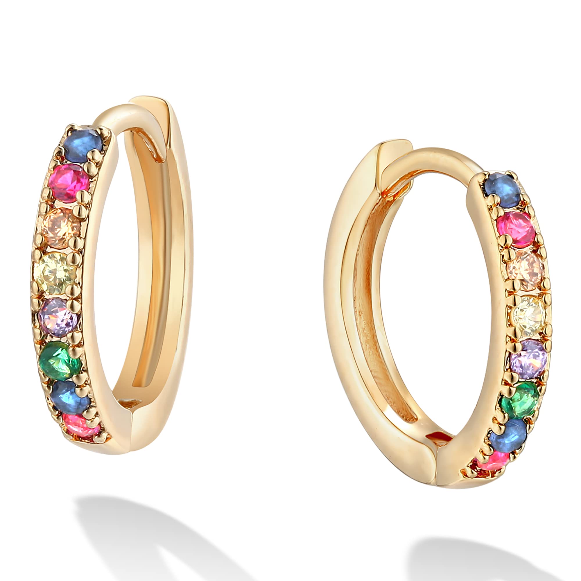 Valloey Rover 14K Gold Plated Huggie Hoop Earrings for Women Rainbow Cubic Zirconia Huggie Hoops Jewelry Gift