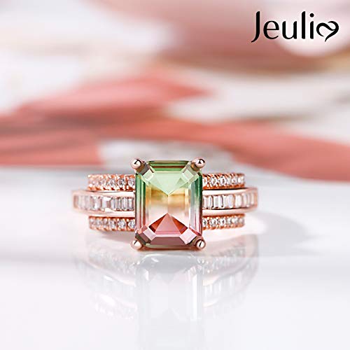 Jeulia "One of a Kind Emerald Cut Sterling Silver Watermelon Ring Engagement Rings for Women Anniversary Birthday Gift with Beautiful Jewelry Box (Square, 5)