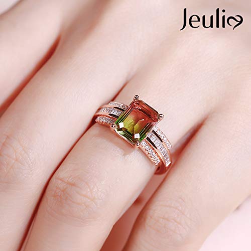 Jeulia "One of a Kind Emerald Cut Sterling Silver Watermelon Ring Engagement Rings for Women Anniversary Birthday Gift with Beautiful Jewelry Box (Square, 5)