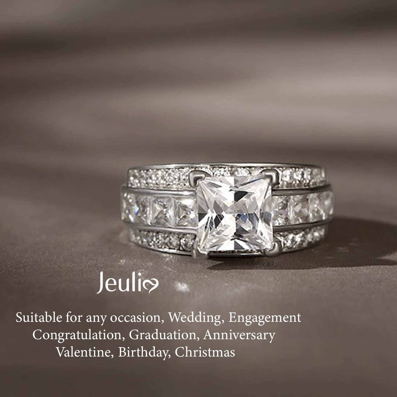 Jeulia Classic Princess Cut Sterling Silver Ring Cubic Zirconia Wedding Diamond Band Rings Engagement Bridal Anniversary Rings for her (Silver, 9.5)