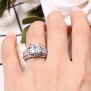 Jeulia Classic Princess Cut Sterling Silver Ring Cubic Zirconia Wedding Diamond Band Rings Engagement Bridal Anniversary Rings for her (Silver, 9.5)