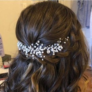 unsutuo crystal bridal headband silver rhinestone leaves wedding hair vine pearls bride hair pieces for women and girls(silver)