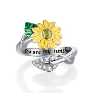 Hewayiu You are My Sunshine Sunflower Enameled CZ Heart Stainless Steel Ring Promise Eternity Band Cocktail Party Rings Adjustable Size 5-10