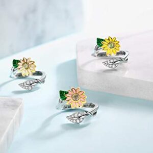 Hewayiu You are My Sunshine Sunflower Enameled CZ Heart Stainless Steel Ring Promise Eternity Band Cocktail Party Rings Adjustable Size 5-10