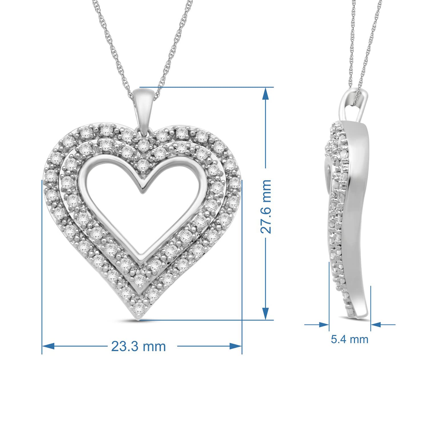 Jewelili Sterling Silver 1Cttw Natural White Round Diamond Heart Shape Pendant Necklace, 18" Rope Chain