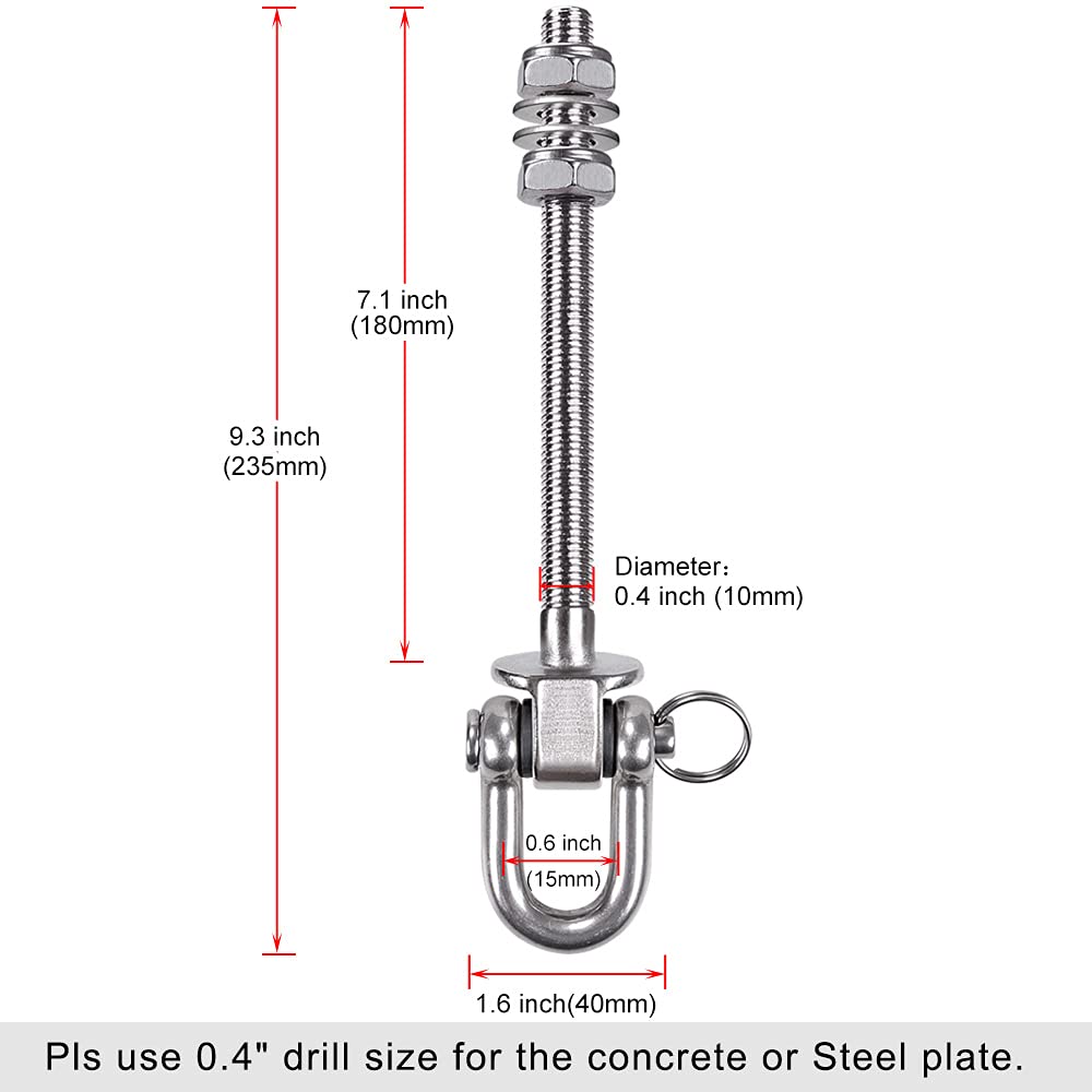 SELEWARE Set of 6 Swing Hanger, Swing Bolts M10 x 9.3", Stainless Steel Heavy Duty Swing Hooks for Wood and Steel Beam Yoga Hammock Chair Porch Swing Sets Seat, 1800LB Capacity
