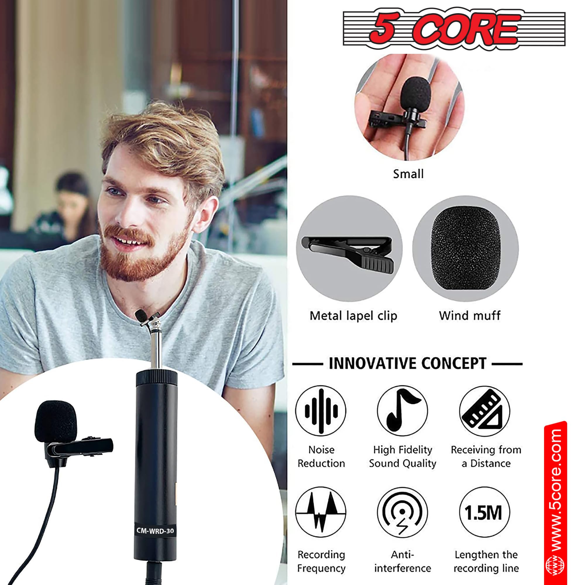 5 CORE Premium Lavalier Microphone Lapel Clip-on Mini Wired Omnidirectional Condenser Mic for Podcasting, Recording, Vlogging, Android, Smartphone, DSLR, Camera, Computer, Laptop