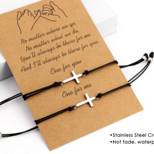 Me&Hz Pinky Promise Silver Cross Matching Friendship Couples Strand Bracelets for Women Girls Men Best Friends Boyfriend Girlfriend Adjustable Leather Cross Bracelet 2 Pack