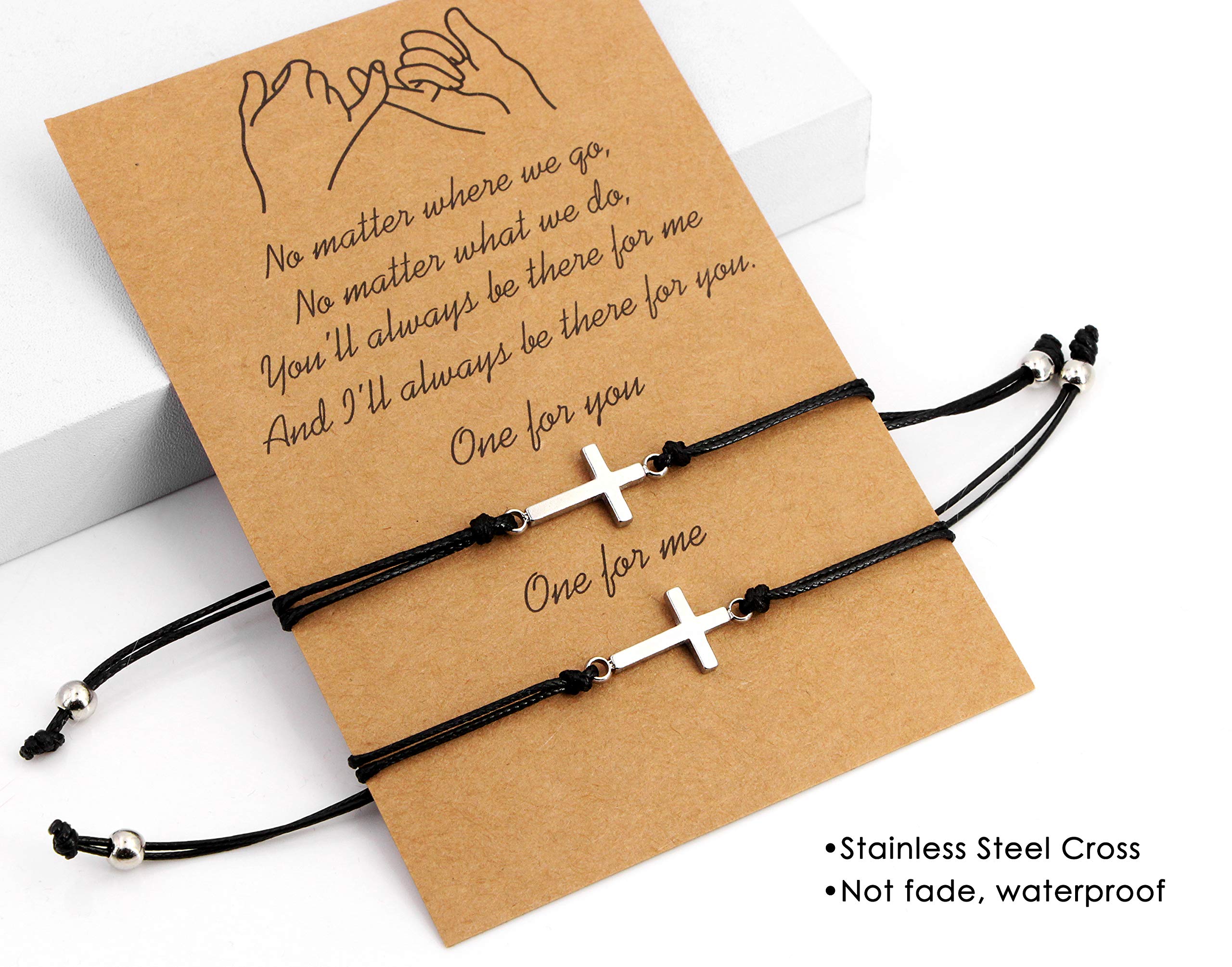 Me&Hz Pinky Promise Silver Cross Matching Friendship Couples Strand Bracelets for Women Girls Men Best Friends Boyfriend Girlfriend Adjustable Leather Cross Bracelet 2 Pack