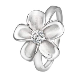 925 sterling silver 15mm hawaiian plumeria flower ring with cubic zirconia, 14k gold plated, nickle free hypoallergenic for sensitive skin, hawaii island jewelry, with gift box (7, silver)