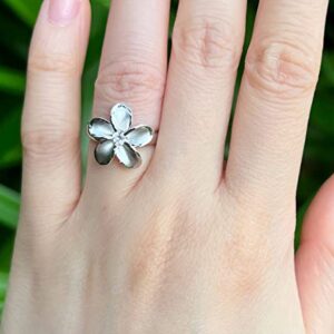 925 Sterling Silver 15mm Hawaiian Plumeria Flower Ring with Cubic Zirconia, 14K Gold Plated, Nickle Free Hypoallergenic for Sensitive Skin, Hawaii Island Jewelry, with Gift Box (7, Silver)