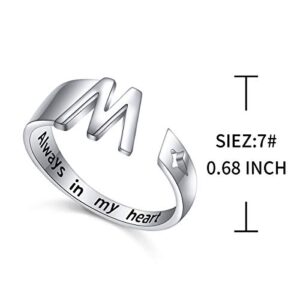 FLYOW 925 Sterling Silver Stacking Initial Letter and Lucky Star Ring Alphabet Adjustable Open Rings Engraved Always in my heart, Great Gift for Women Teen Girls (M)