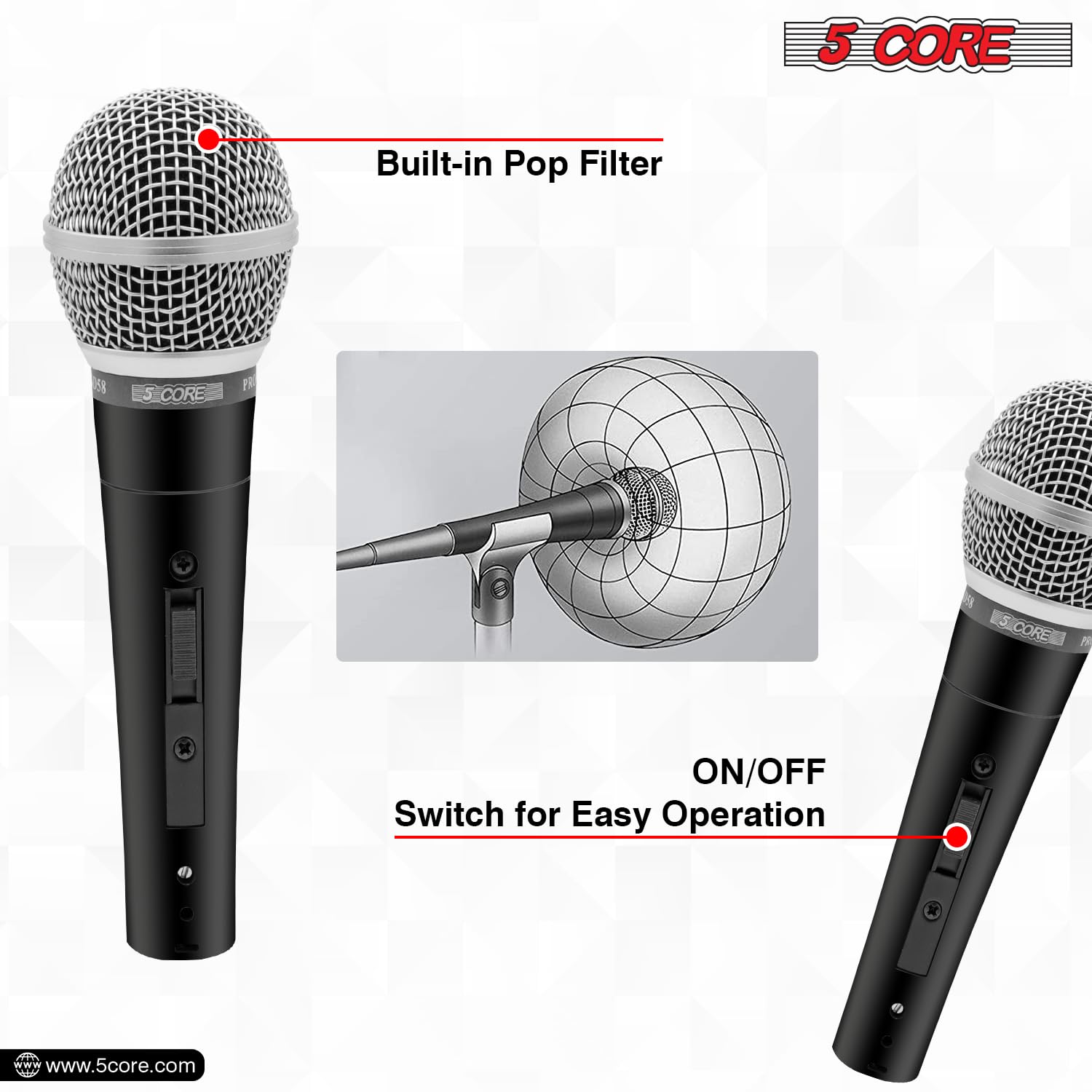 5 CORE Professional Dynamic Vocal Microphone Neodymium Cardioid Unidirectional Handheld Mic for Speakers, Karaoke W/Steel Mesh Grille, Metal Body ON/Off Switch w/16ft Detachable Cable+ Clip+ Bag