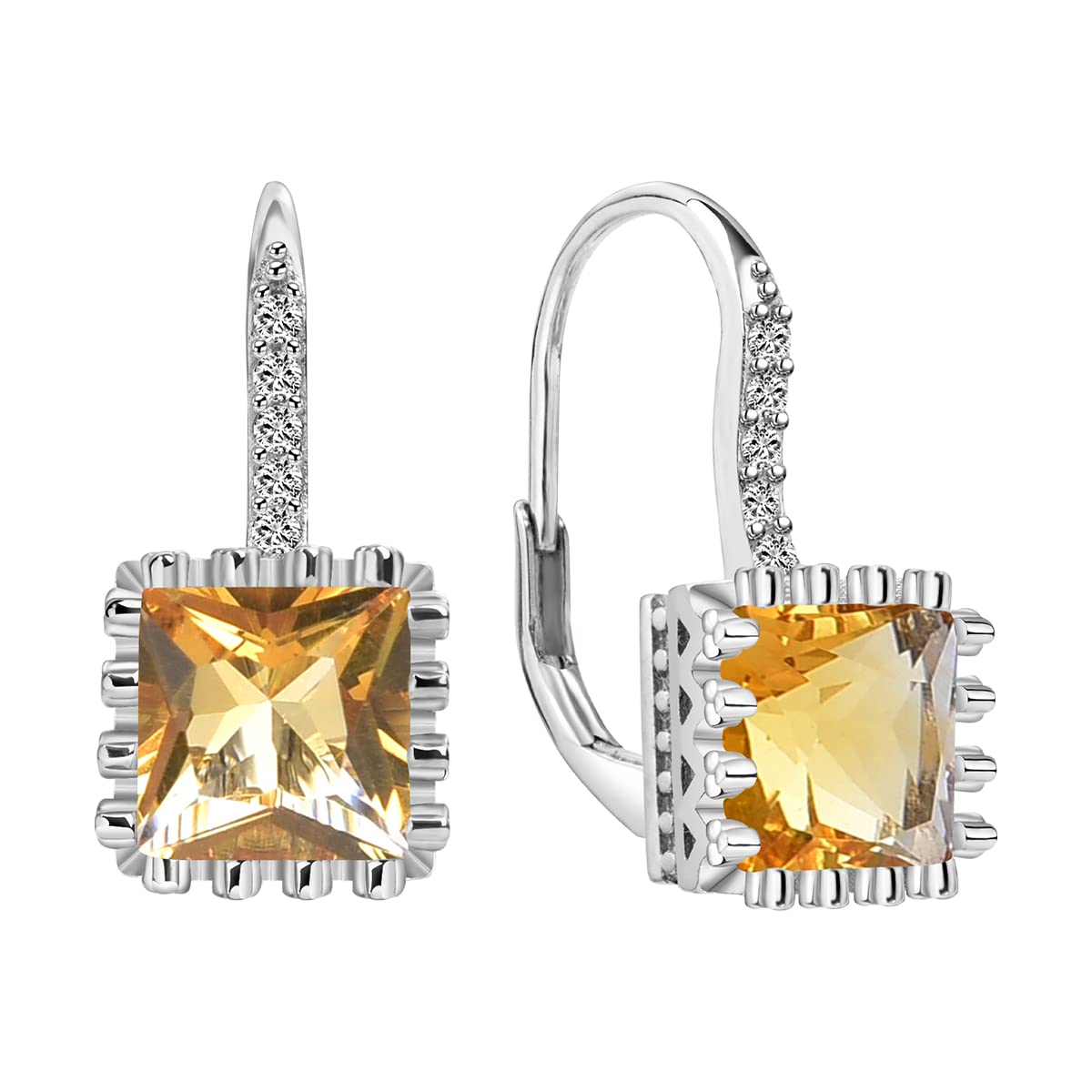 925 Sterling Silver 0.27Inch Princess Cut Citrine Leverback Earrings for Women