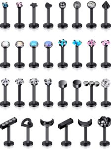 stainless steel lip studs labret lip rings cartilage tragus piercing jewelry for women party wear or clothes matching 16 g, 30 pieces (black)