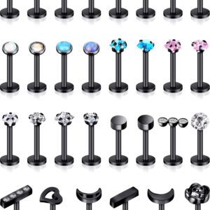 Stainless Steel Lip Studs Labret Lip Rings Cartilage Tragus Piercing Jewelry for Women Party Wear or Clothes Matching 16 G, 30 Pieces (Black)