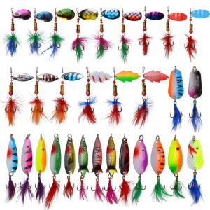 rooster bait tail spinner fishing lures kit,30pcs metal spoon lures with feathered treble hooks for bass walleye trout freshwater saltwater