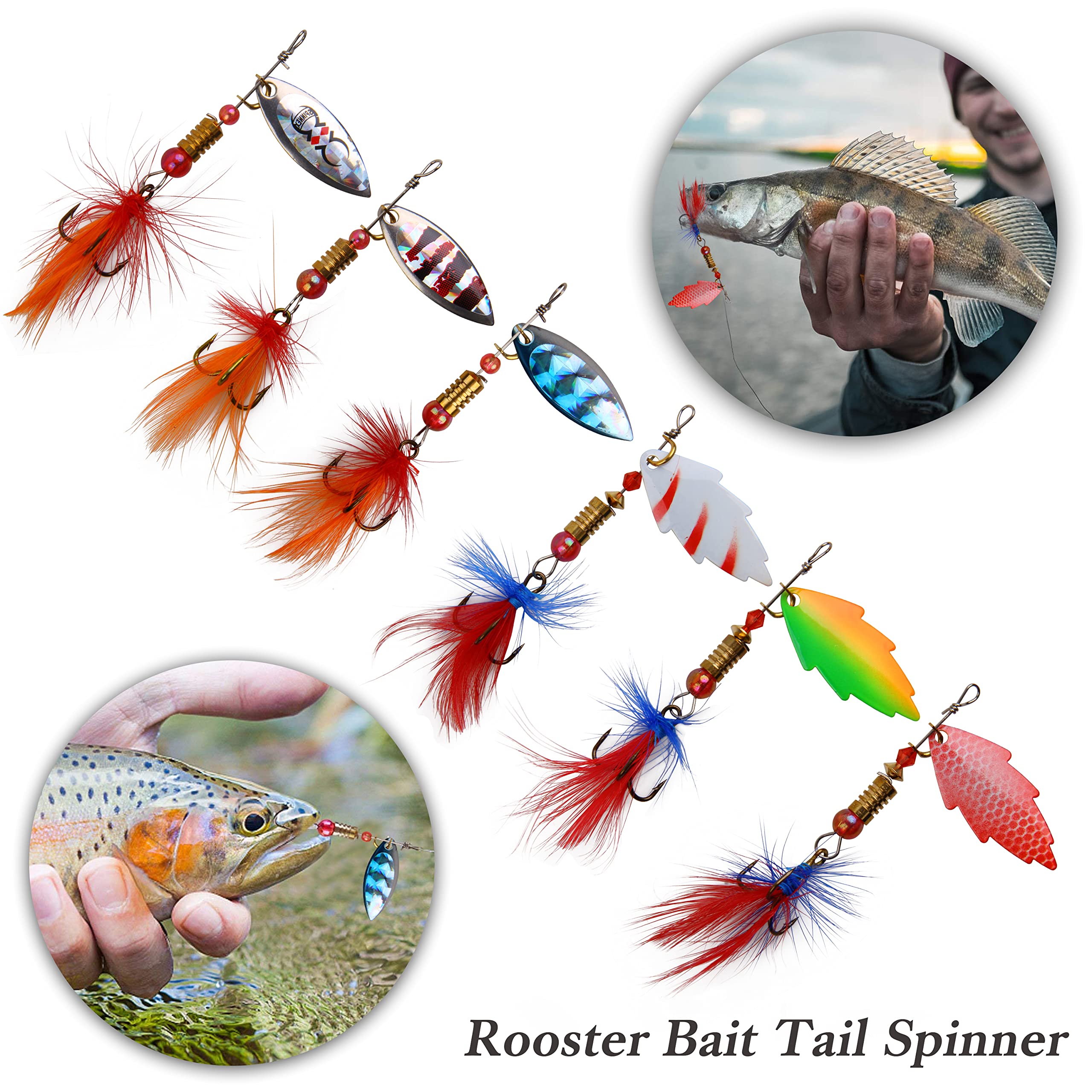 Rooster Bait Tail Spinner Fishing Lures Kit,30pcs Metal Spoon Lures with Feathered Treble Hooks for Bass Walleye Trout Freshwater Saltwater