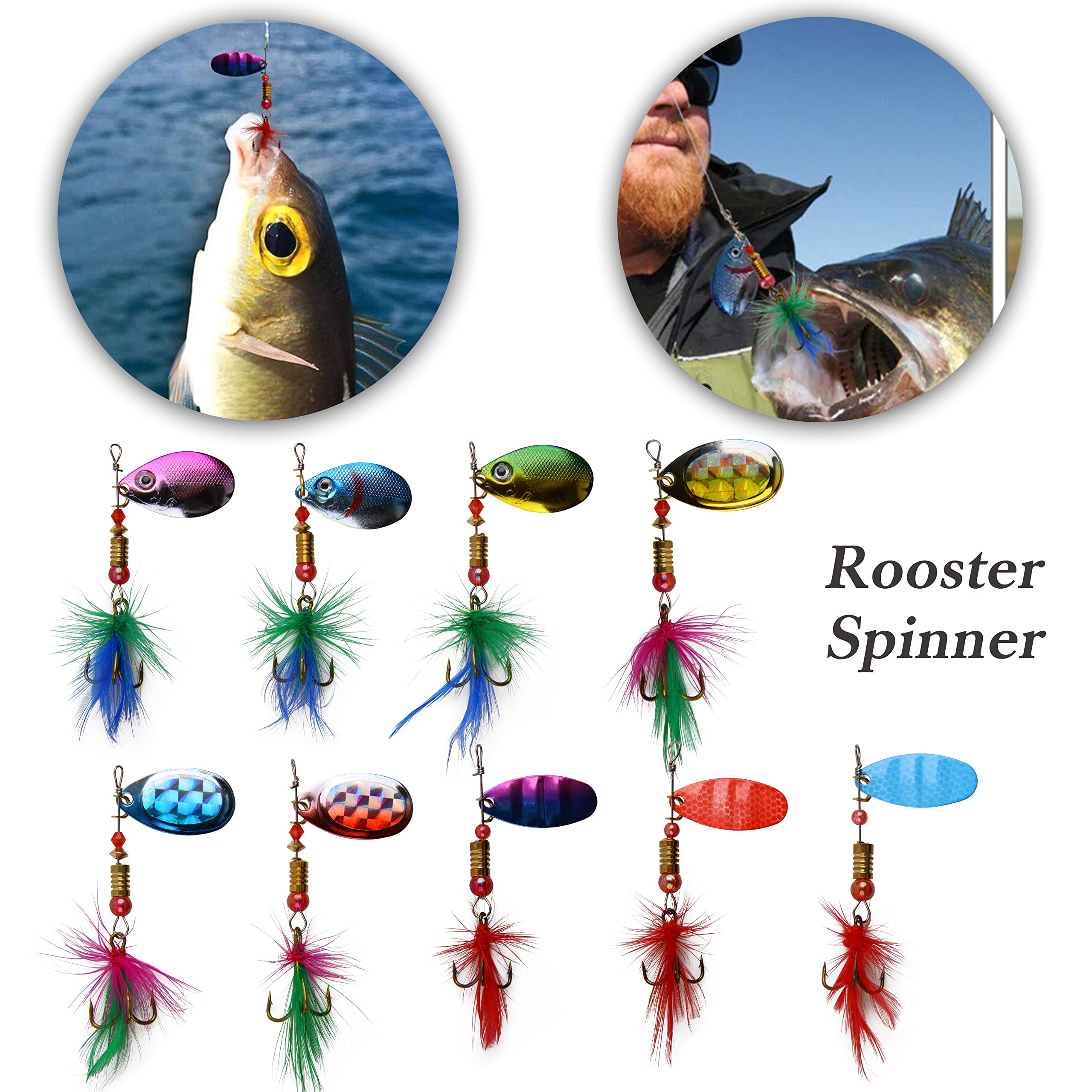 Rooster Bait Tail Spinner Fishing Lures Kit,30pcs Metal Spoon Lures with Feathered Treble Hooks for Bass Walleye Trout Freshwater Saltwater