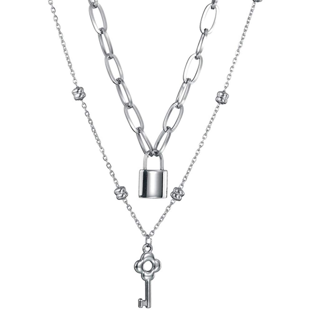 Jude Jewelers Stainless Steel Lock and Key Statement Double Chain Choker Necklace (Silver)