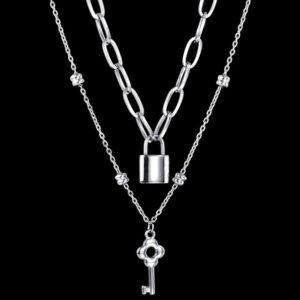 Jude Jewelers Stainless Steel Lock and Key Statement Double Chain Choker Necklace (Silver)