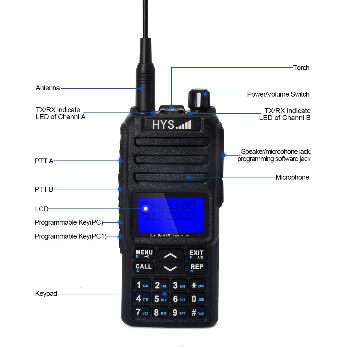 HYS TC-UV25D 20Watt VHF UHF 136-174 400-480Mhz 2Meter 70CM Dual PTT Key Dual Reception Rechargeable 1024channels 4000mAh Large Battery Walkie-Talkie Two-Way Radio