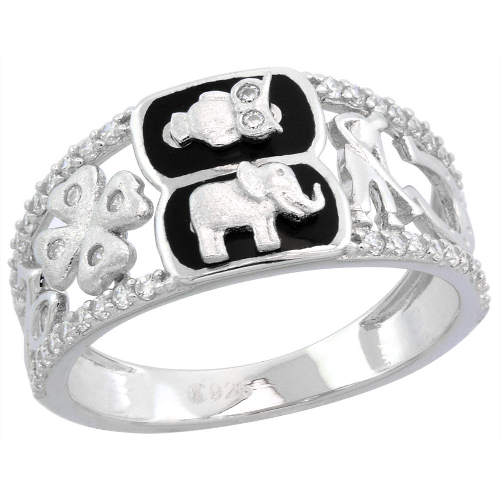 Sterling Silver Micropave CZ Onyx Lucky Charms Ring Women Elephant Owl Clover Horseshoe Evil Eye Rhodium Finish size 9