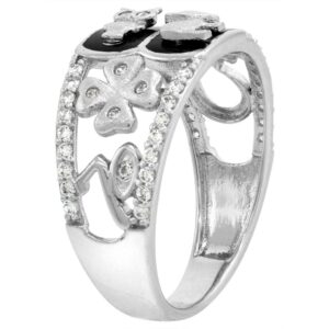 Sterling Silver Micropave CZ Onyx Lucky Charms Ring Women Elephant Owl Clover Horseshoe Evil Eye Rhodium Finish size 9