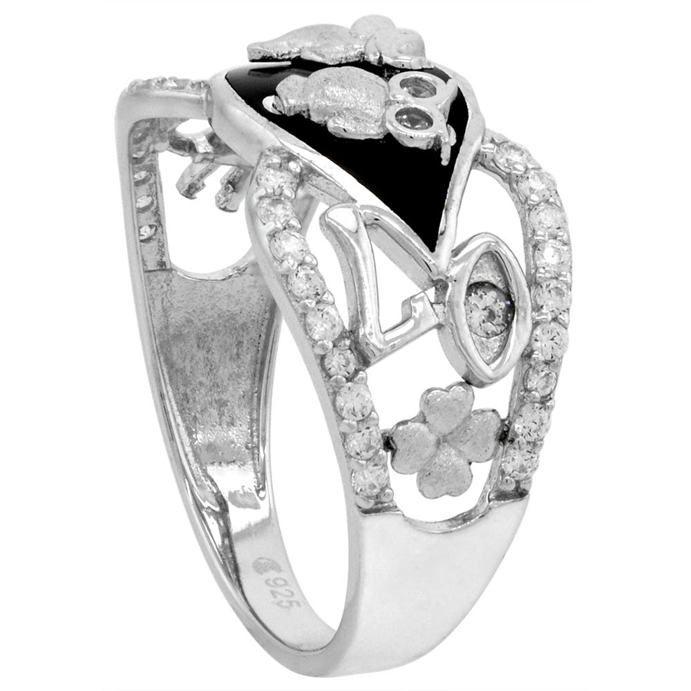 Sterling Silver Micropave CZ Onyx Lucky Charms Ring Evil Eye Elephant Owl no. 7 Clover Rhodium Finish size 9