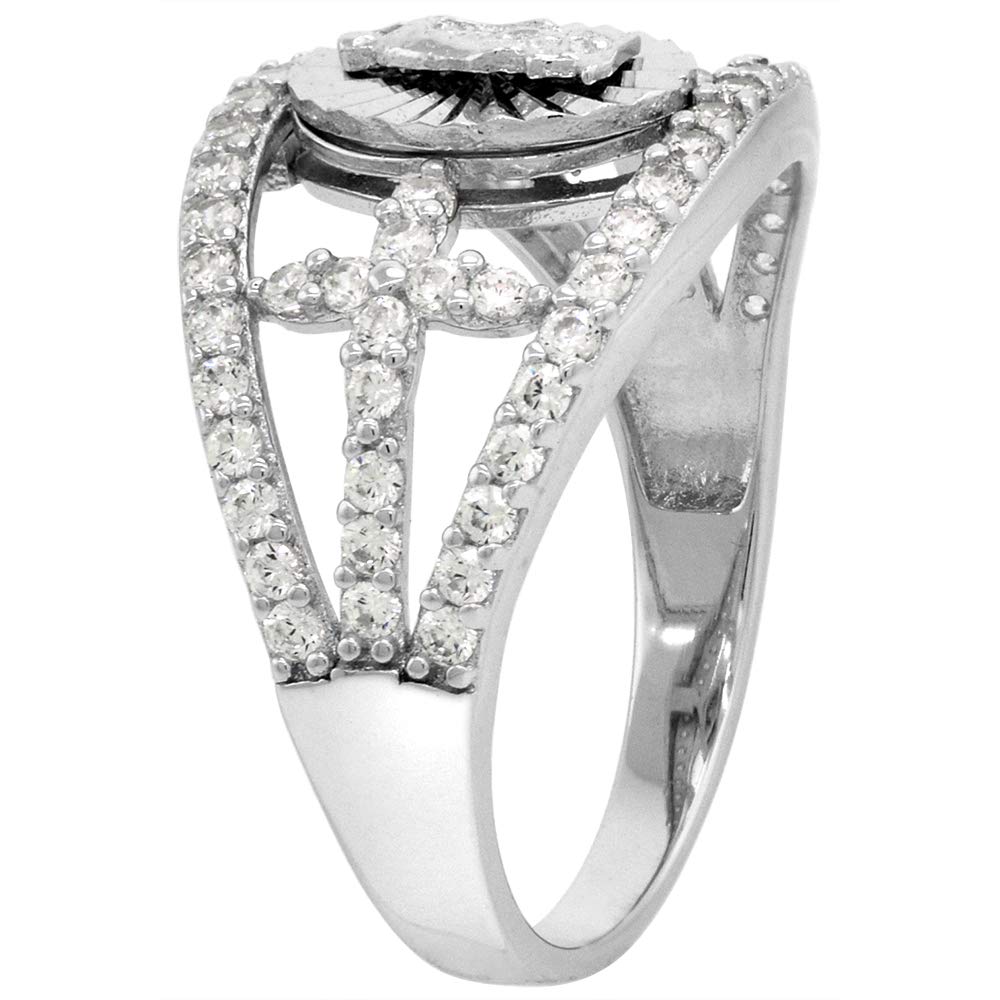 Sterling Silver Micropave CZ Guadalupe Ring for Women Cross Sides Split Shank Diamond Cut Halo Rhodium Finish size 9