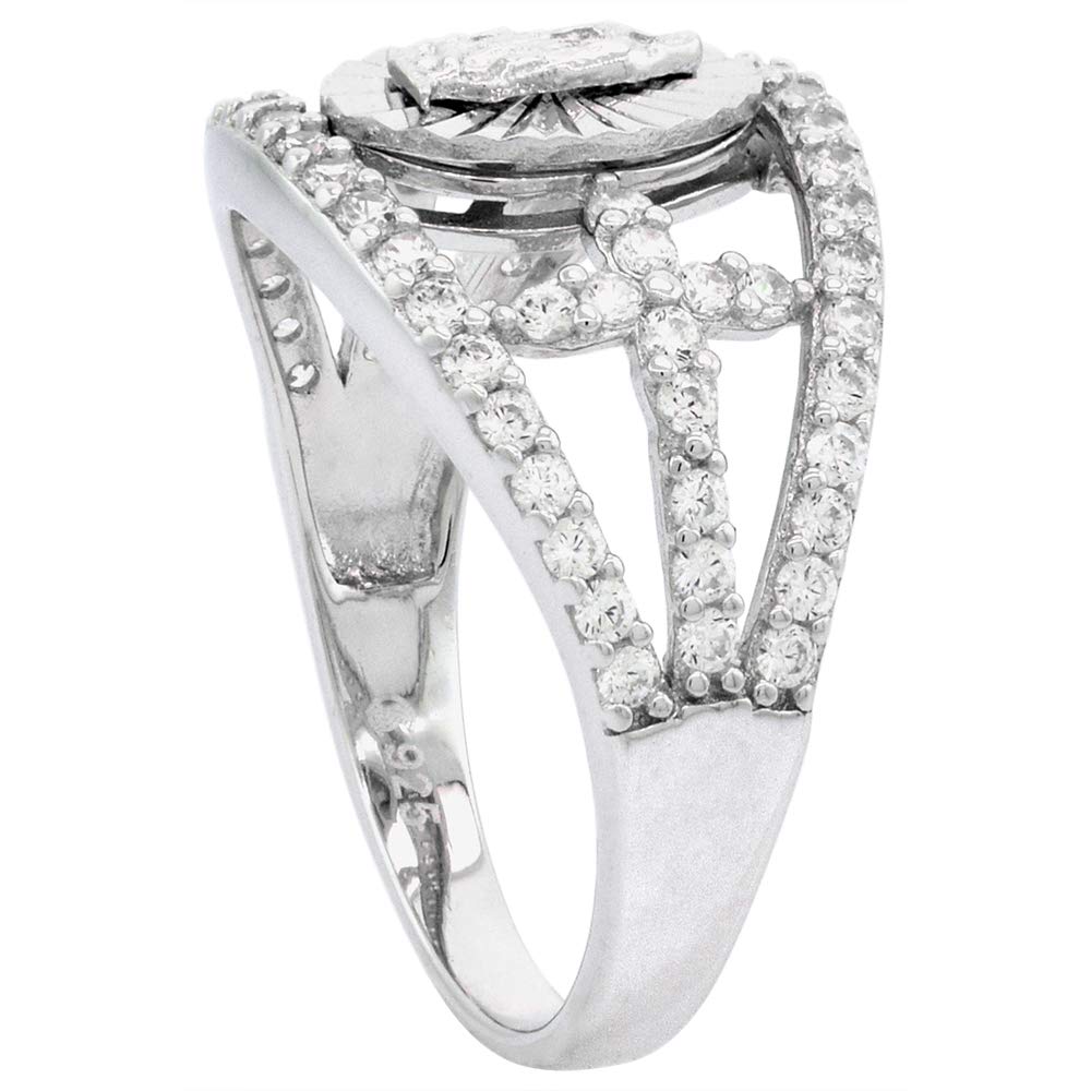 Sterling Silver Micropave CZ Guadalupe Ring for Women Cross Sides Split Shank Diamond Cut Halo Rhodium Finish size 9