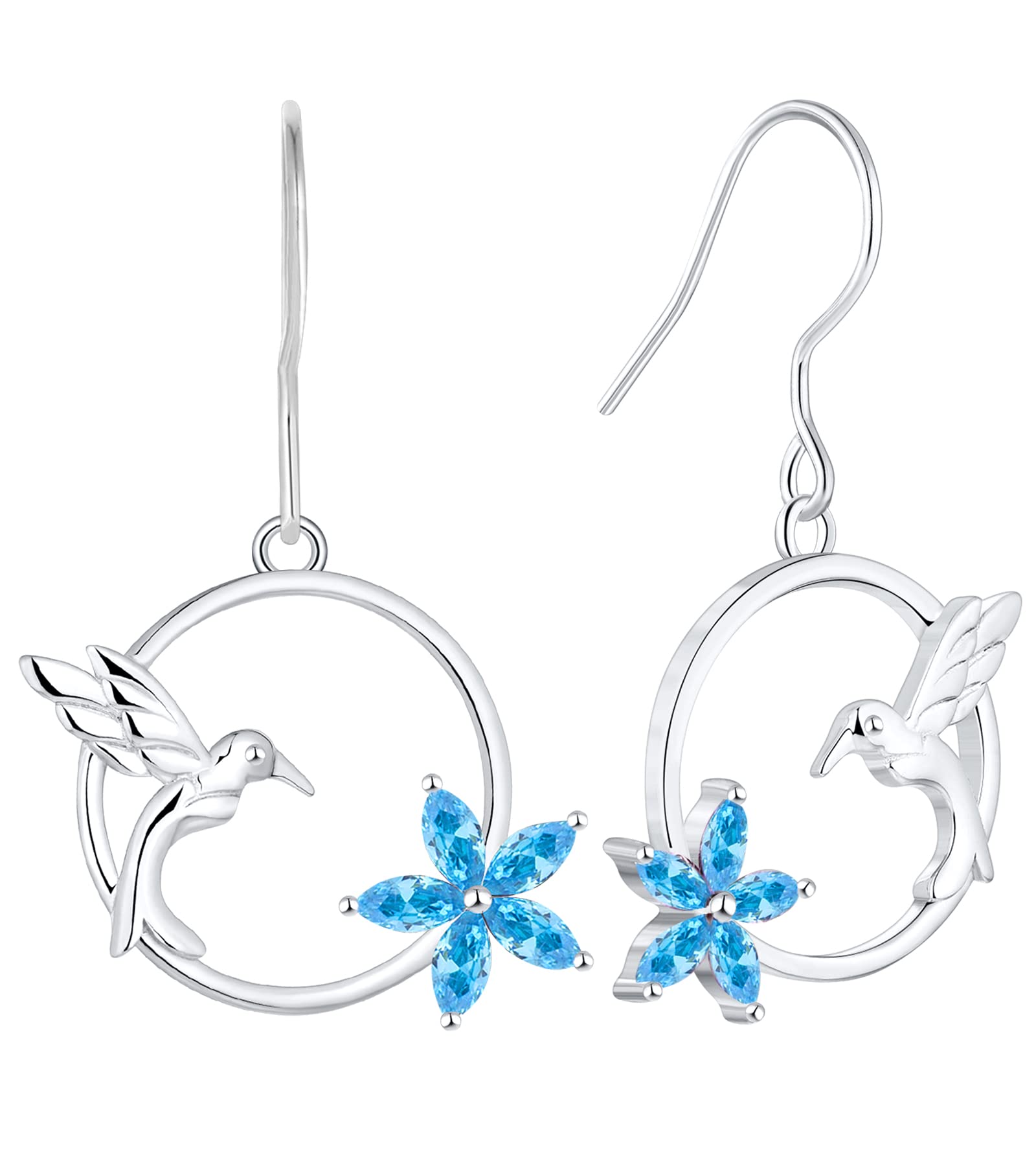 YL Hummingbird Hook Earrings Sterling Silver Flowers Dangle Drop Earrings Created Aquamarine Jewelry Women