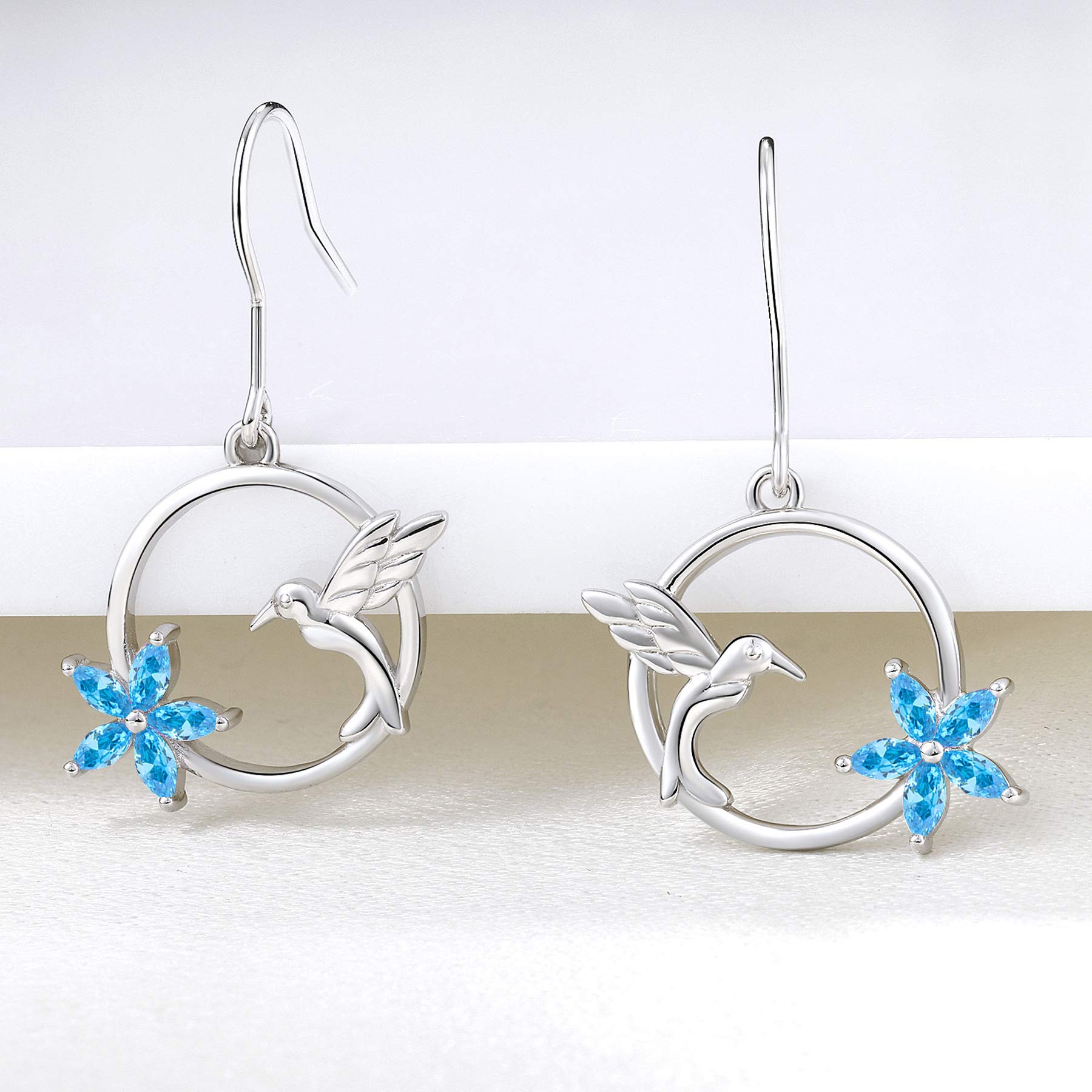 YL Hummingbird Hook Earrings Sterling Silver Flowers Dangle Drop Earrings Created Aquamarine Jewelry Women