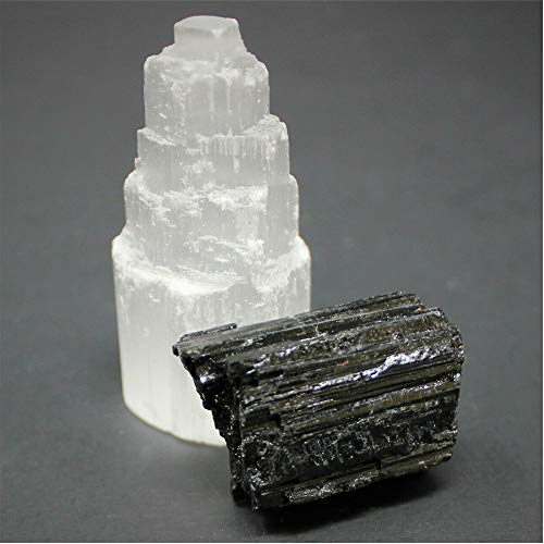 Wixine 2Pcs 1 Selenite Tower & 1 Extra Grade Black Tourmaline Home Protection Kit Reiki