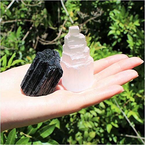 Wixine 2Pcs 1 Selenite Tower & 1 Extra Grade Black Tourmaline Home Protection Kit Reiki