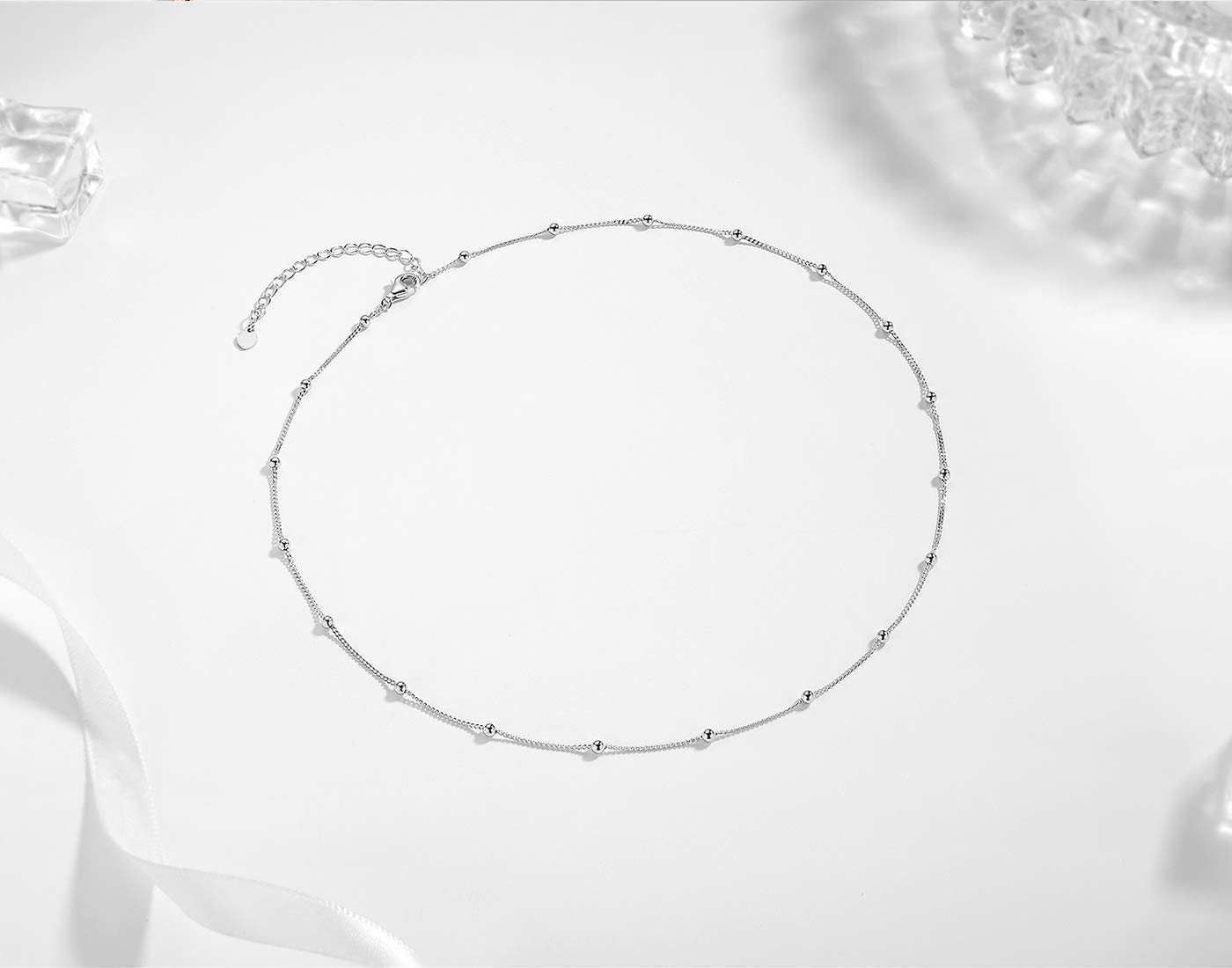 EPIRORA Choker Necklace for Women 925 Sterling Silver White Gold Plated Dainty Satellite Bead Chain Pendant Minimalist Jewelry, 16''+2"