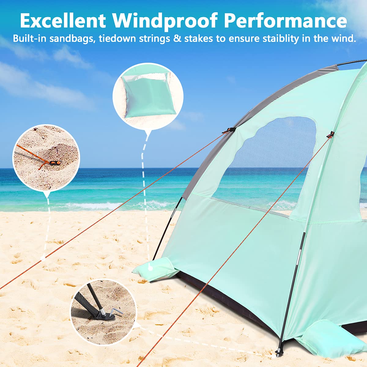 NXONE Beach Tent Sun Shade Shelter for 2-3 Person with UV Protection, Extended Floor, 3 Mesh Roll Up Windows & 8.0mm Fiberglass Rods丨Carry Bag Included (Mint Green)