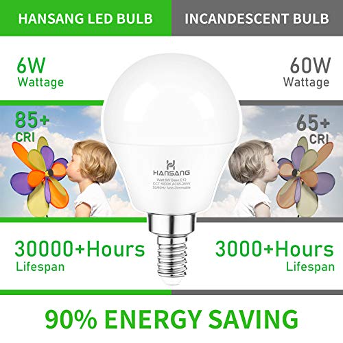 hansang E12 LED Bulb 5000K Daylight 8 Pack Ceiling Fan Light Bulbs, A15 Candelabra LED Bulbs for Chandelier,6W 60W Incandescent Equivalent,600LM,120V,Non-dimmable