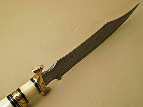 Custom Hand Made Forged Damascus Steel Hunting Bowie Knife Fixed Blade Leather Handle Camel Bone With Leather Sheath Full Tang 967