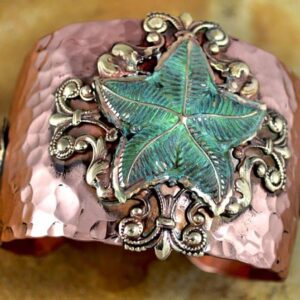 Elaine Coyne Collectible Artwear Forged Copper and Patina Brass Neo-Oceania Starfish on Filigree with Scallop Shells Dynamic Cuff