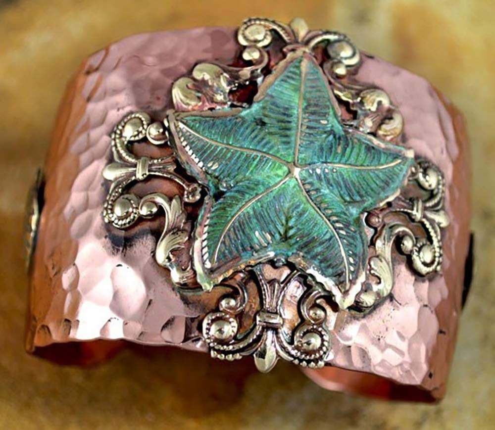 Elaine Coyne Collectible Artwear Forged Copper and Patina Brass Neo-Oceania Starfish on Filigree with Scallop Shells Dynamic Cuff