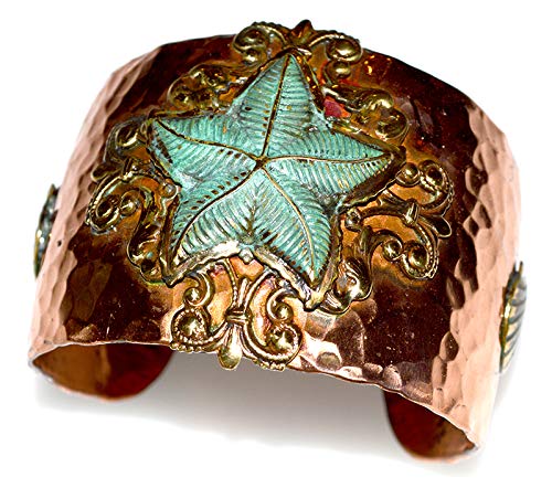 Elaine Coyne Collectible Artwear Forged Copper and Patina Brass Neo-Oceania Starfish on Filigree with Scallop Shells Dynamic Cuff