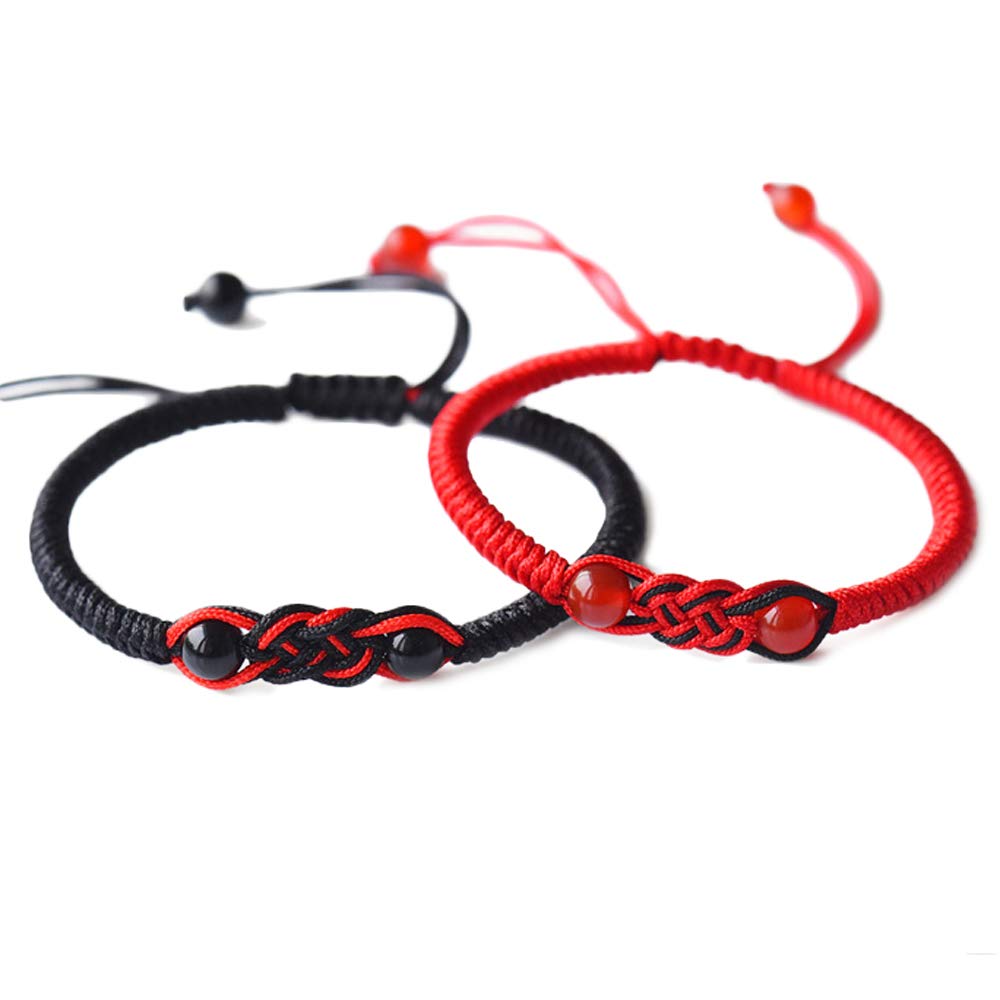 MENGLINA Men Women Hand-woven Chinese Knot Black and Red Rope Couple Bracelets Natural Agate Stone Beads Braided Lucky Feng Shui Bracelet Love Jewelry (Set)