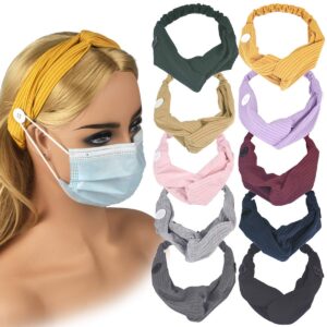 bevisun 10 pcs headband with buttons for face mask, headbands for women knotted boho stretchy hair bands, lightweight elastic exercise headband for nurses doctors and women for protect your ears.