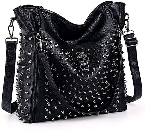 Chikencall® Women Studded Skull Handbag and Purses PU Leather Big Tote Crossbody Shoulder Bag Black