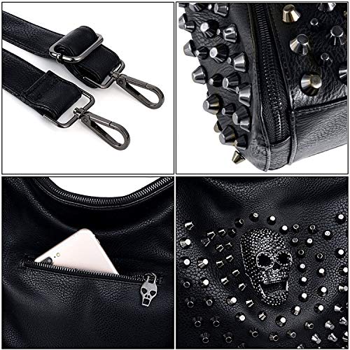 Chikencall® Women Studded Skull Handbag and Purses PU Leather Big Tote Crossbody Shoulder Bag Black