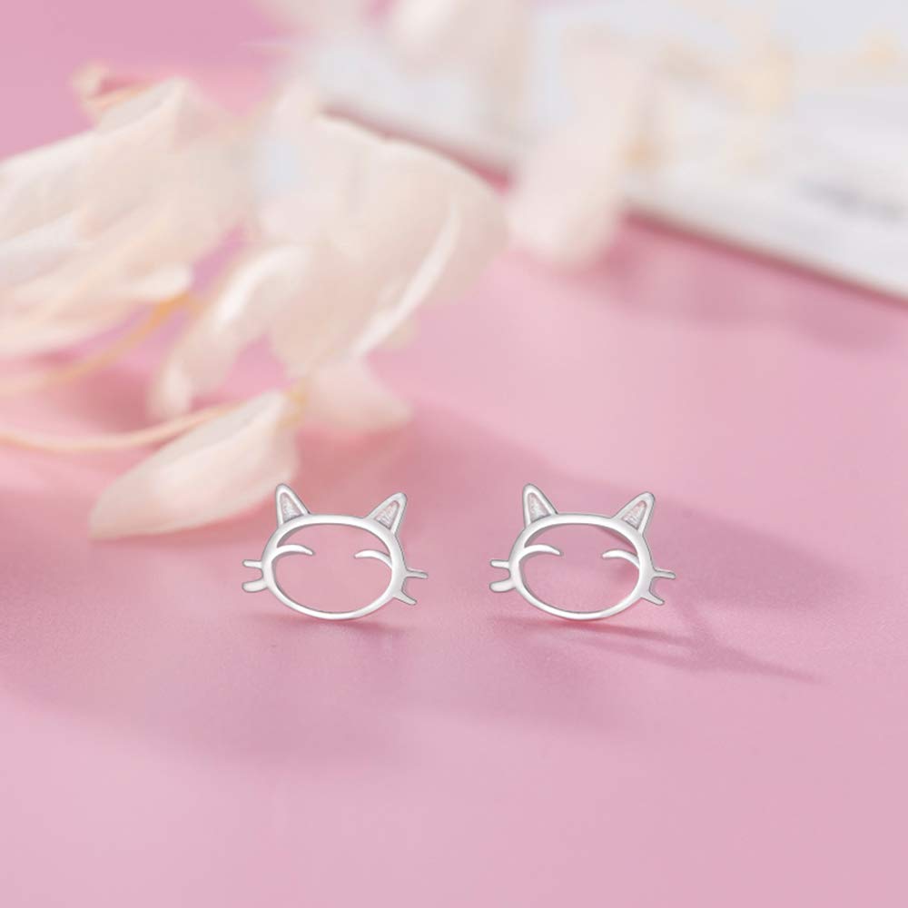 Tiny Cat Stud Earrings S925 Sterling Silver Minimalist Cute Animal Pet Small Cartilage Earring Studs Ear Piercing Jewelry Hypoallergenic for Women Girls Sensitive Ears (Silver)