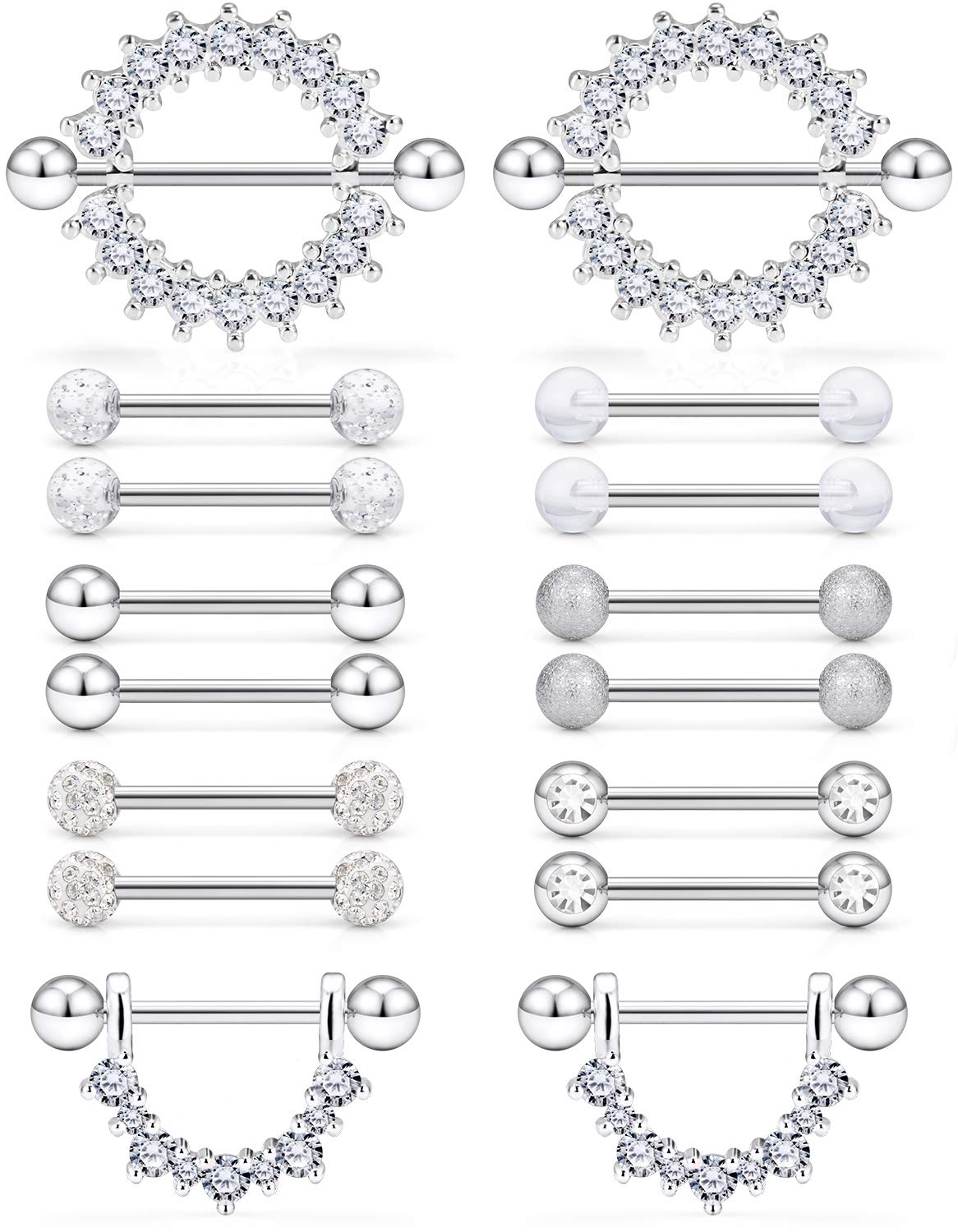 Prjndjw Silver-Tone, 16G, 9/16in(14mm) L, 8 Pairs 5mm Ball Surgical Steel Nipplerings Nipple Tongue Rings CZ Acrylic Barbell Body Piercing Jewelry