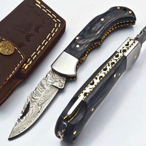 6.75'' custom hand made forged knife hunter knife damascus steel bowie knife handle ironwood folding with leather sheath