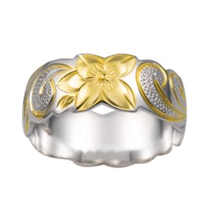 Aloha Jewelry Company Sterling Silver 8mm Hawaiian Princess Plumeria Flower Scroll Ring Stackable Wedding Band (Yellow-Gold, 9)